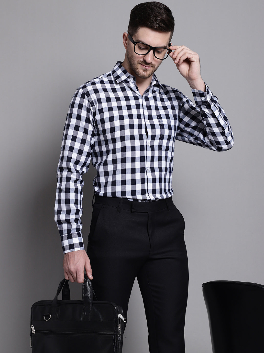 Jainish Men's Buffalo Check Formal Shirt - Navy Blue | Grocsy