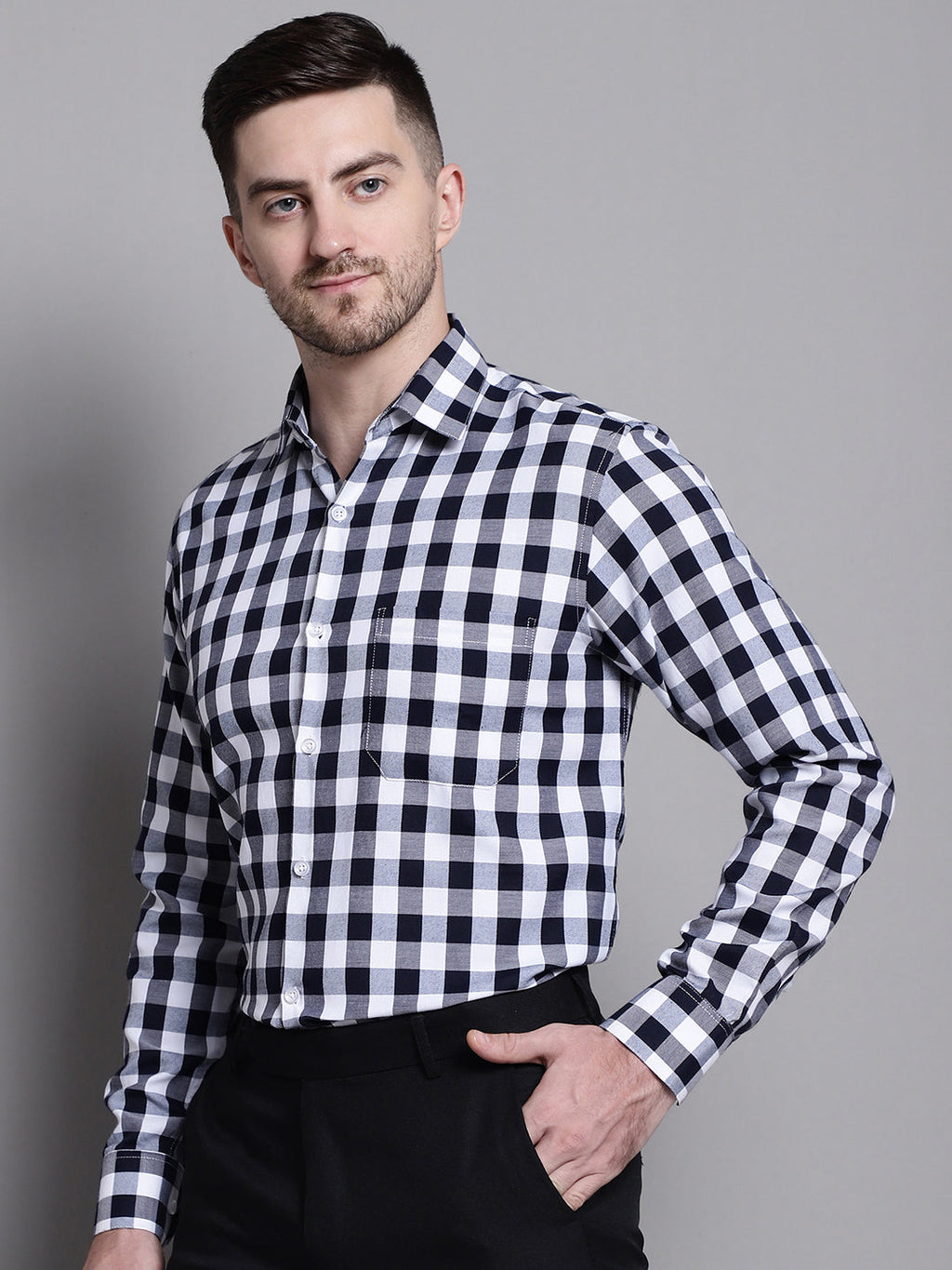 Jainish Men's Buffalo Check Formal Shirt - Navy Blue | Grocsy