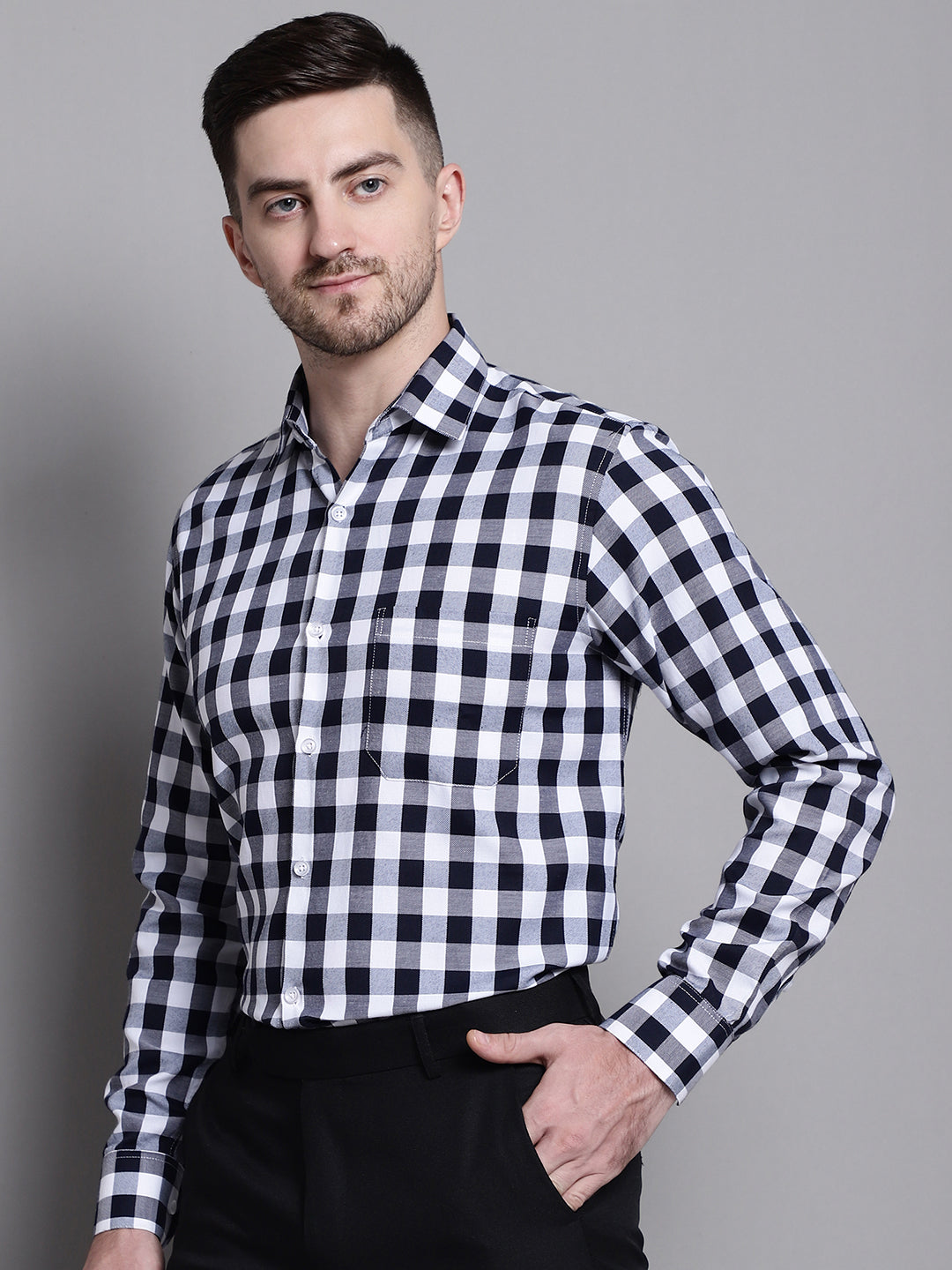 Jainish Men's Buffalo Check Formal Shirt - Navy Blue | Grocsy