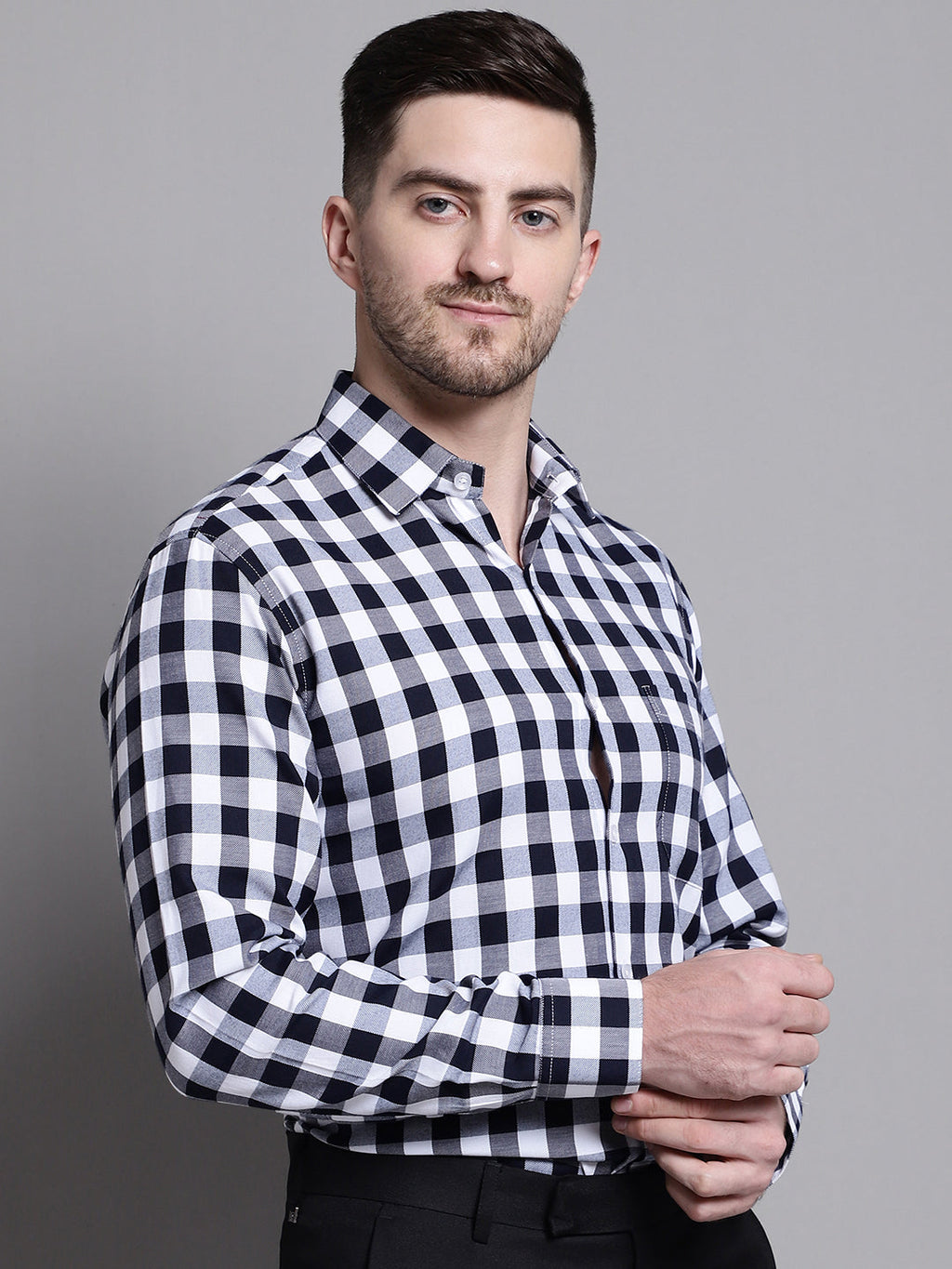Jainish Men's Buffalo Check Formal Shirt - Navy Blue | Grocsy