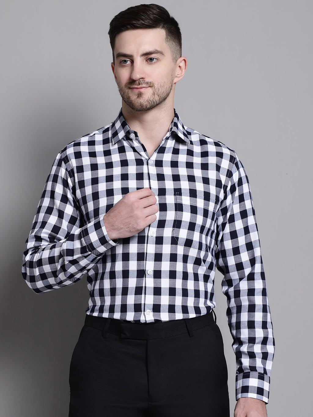 Jainish Men's Buffalo Check Formal Shirt - Navy Blue | Grocsy