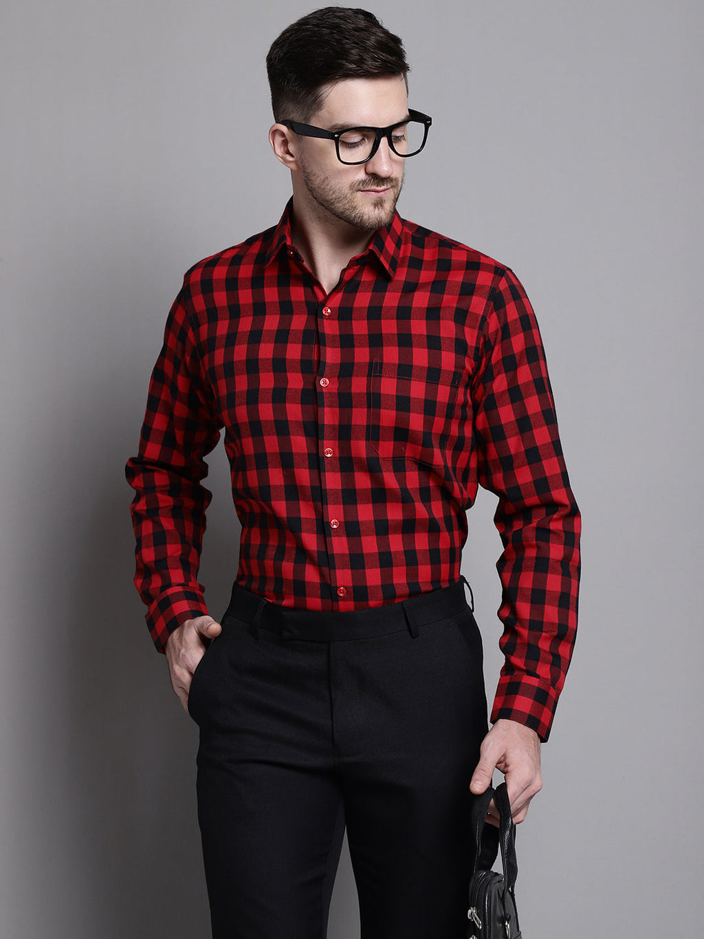 Jainish Men's Buffalo Check Formal Shirt - Red | Grocsy