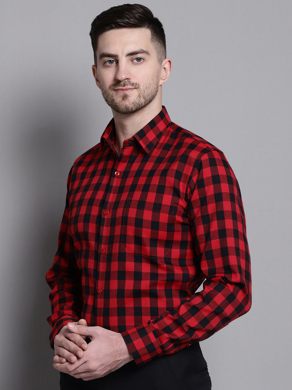 Jainish Men's Buffalo Check Formal Shirt - Red | Grocsy