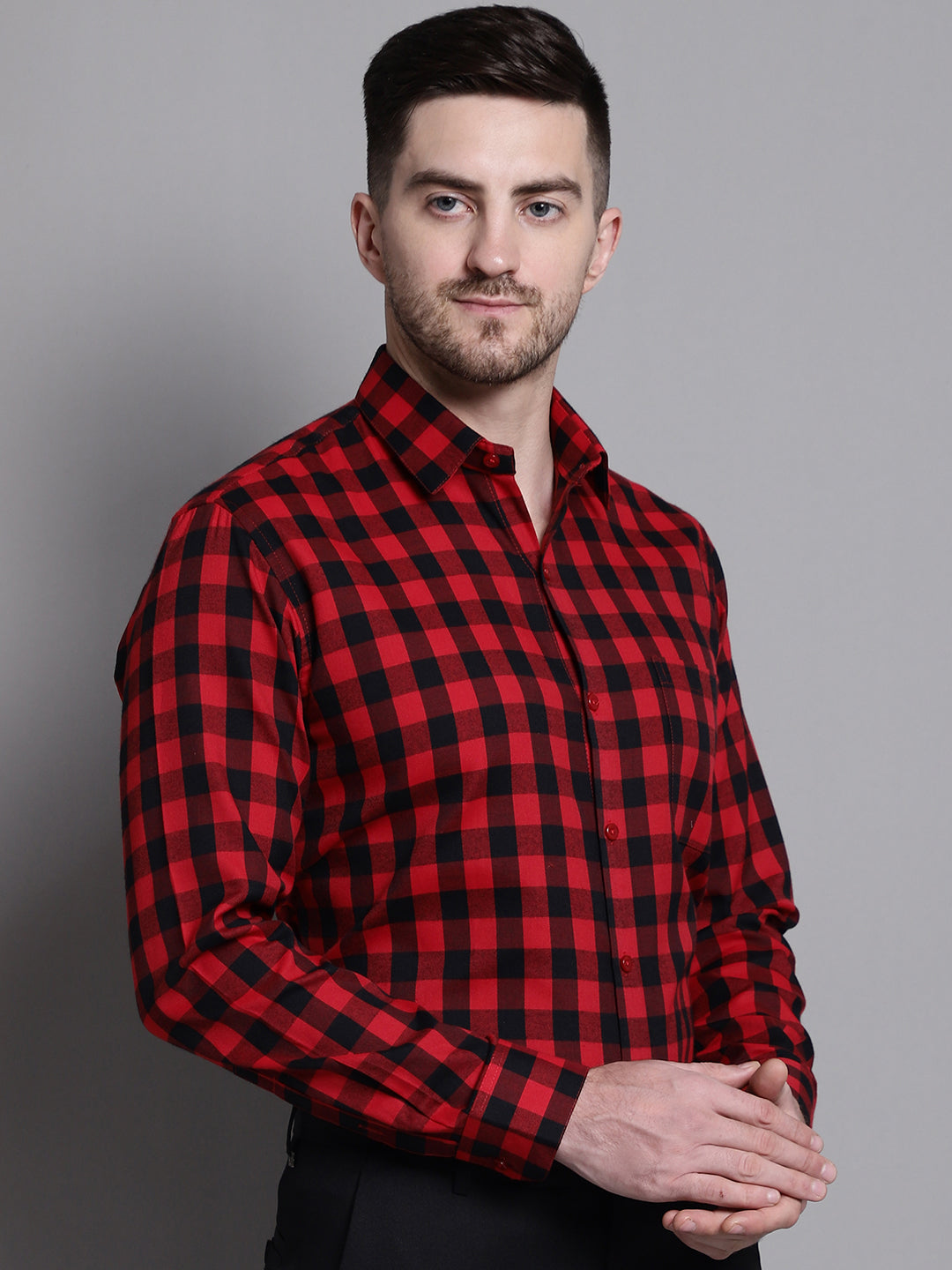 Jainish Men's Buffalo Check Formal Shirt - Red | Grocsy