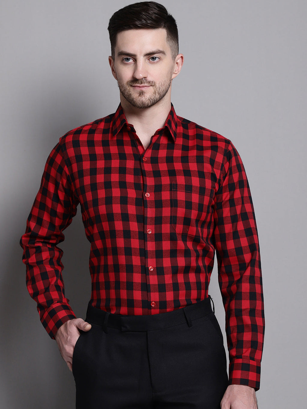 Jainish Men's Buffalo Check Formal Shirt - Red | Grocsy