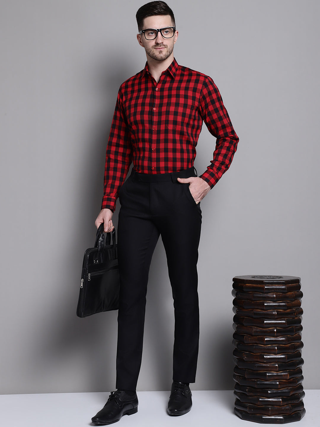 Jainish Men's Buffalo Check Formal Shirt - Red | Grocsy