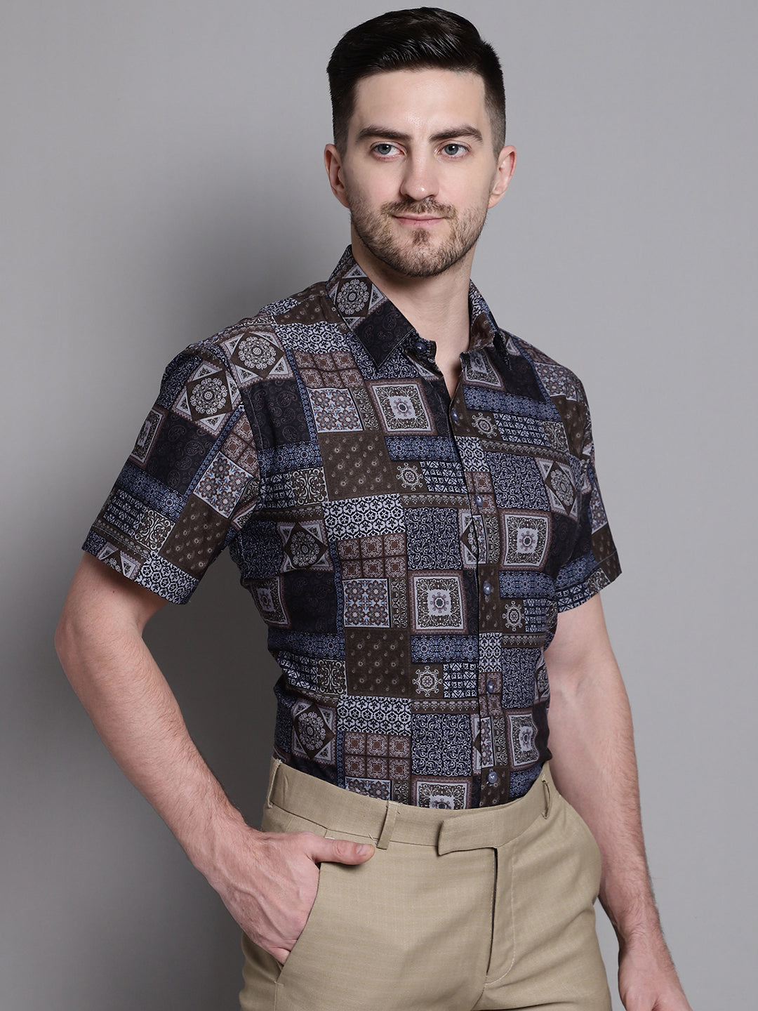 Jainish Men's Printed Formal Shirt - Coffee | Grocsy