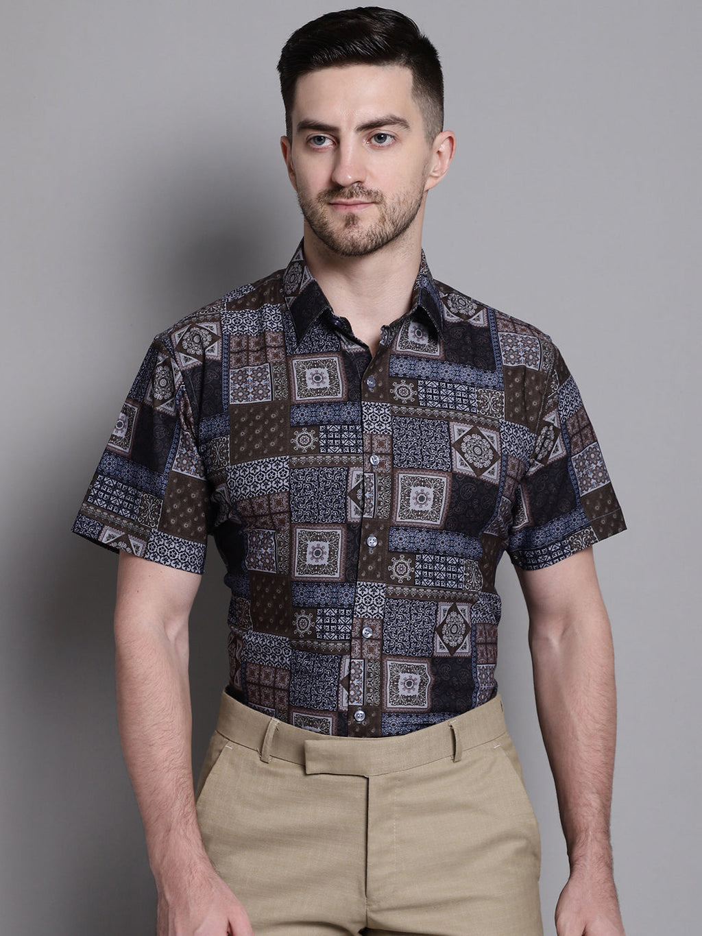 Jainish Men's Printed Formal Shirt - Coffee | Grocsy