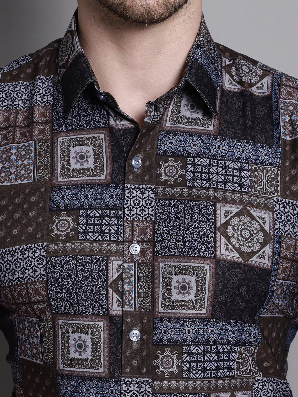 Jainish Men's Printed Formal Shirt - Coffee | Grocsy