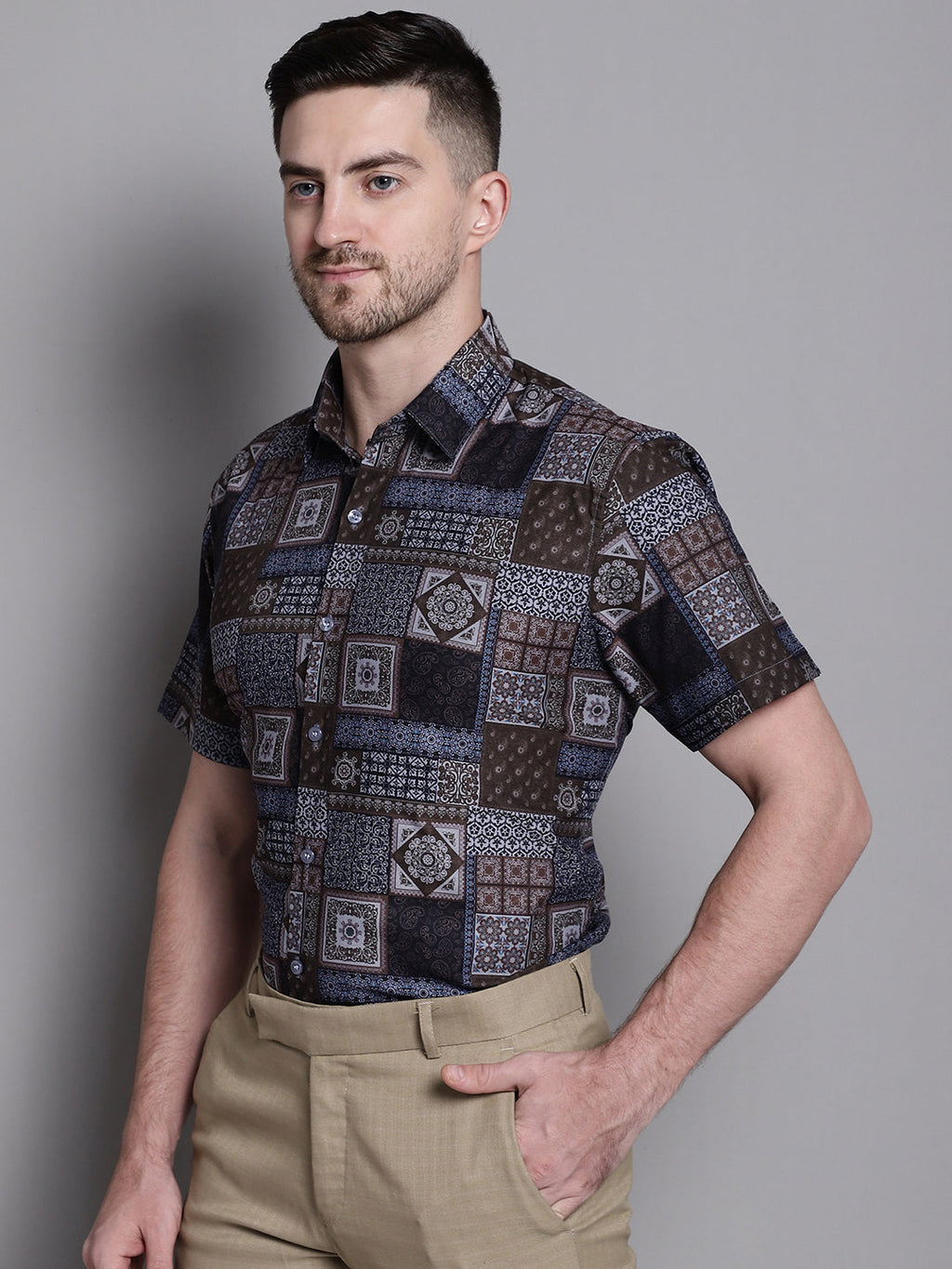 Jainish Men's Printed Formal Shirt - Coffee | Grocsy