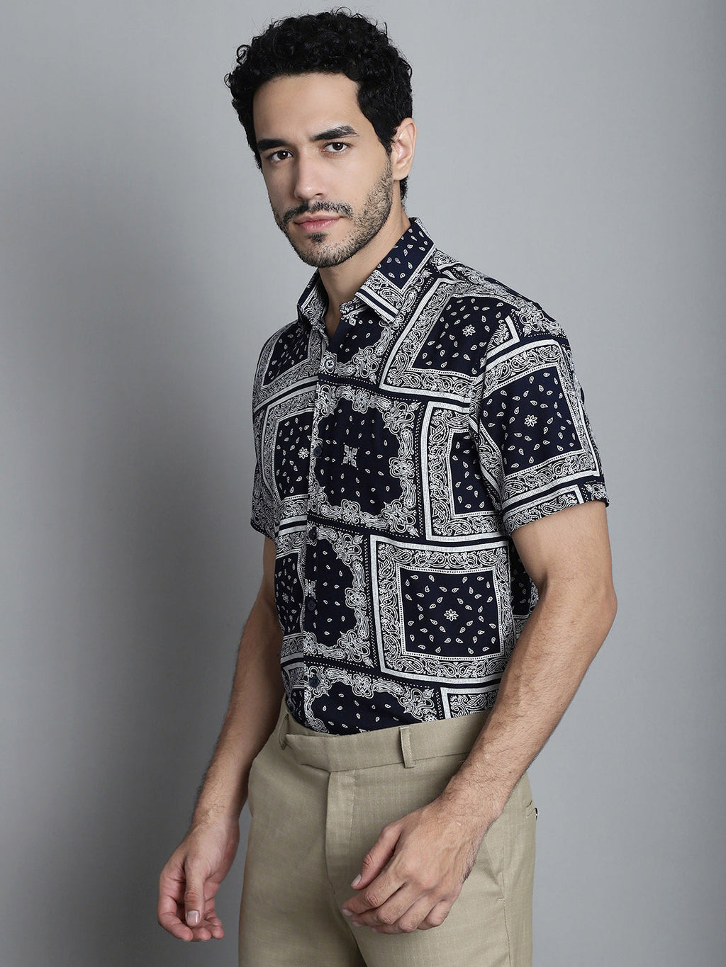 Jainish Men's Paisley Printed Formal Shirts - Navy Blue | Grocsy