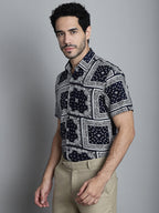 Jainish Men's Paisley Printed Formal Shirts - Navy Blue | Grocsy