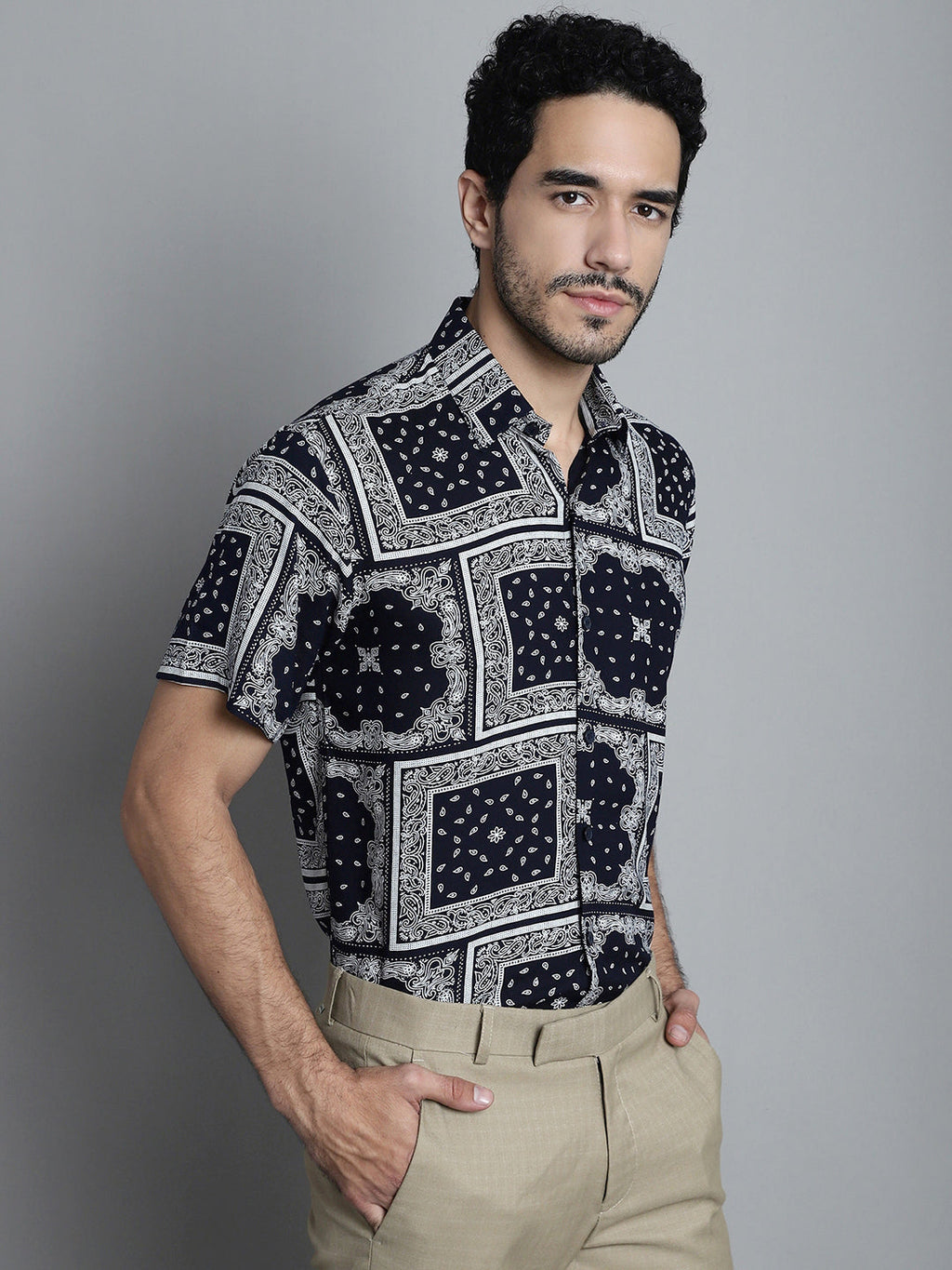 Jainish Men's Paisley Printed Formal Shirts - Navy Blue | Grocsy