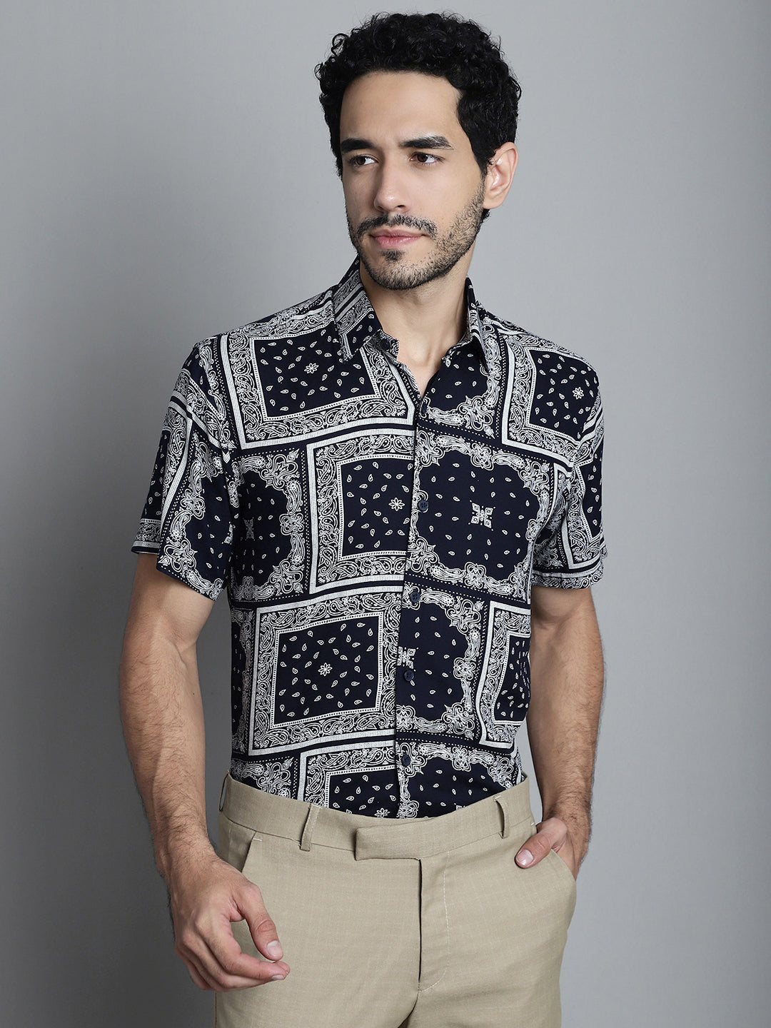 Jainish Men's Paisley Printed Formal Shirts - Navy Blue | Grocsy