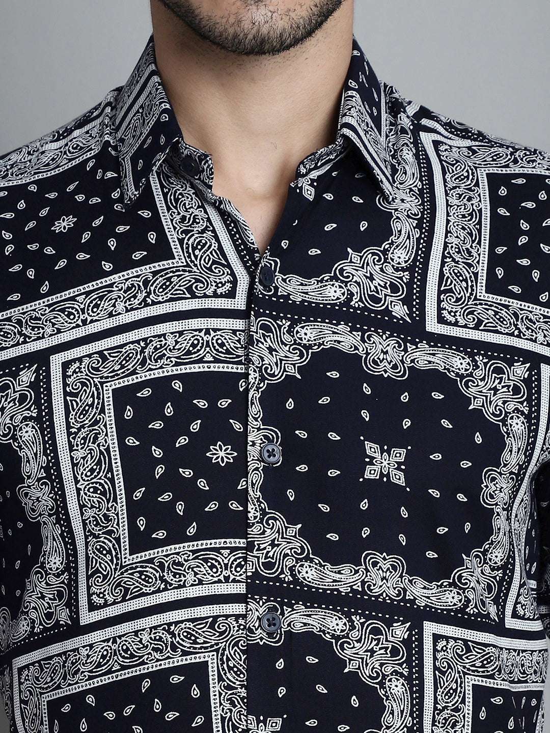 Jainish Men's Paisley Printed Formal Shirts - Navy Blue | Grocsy