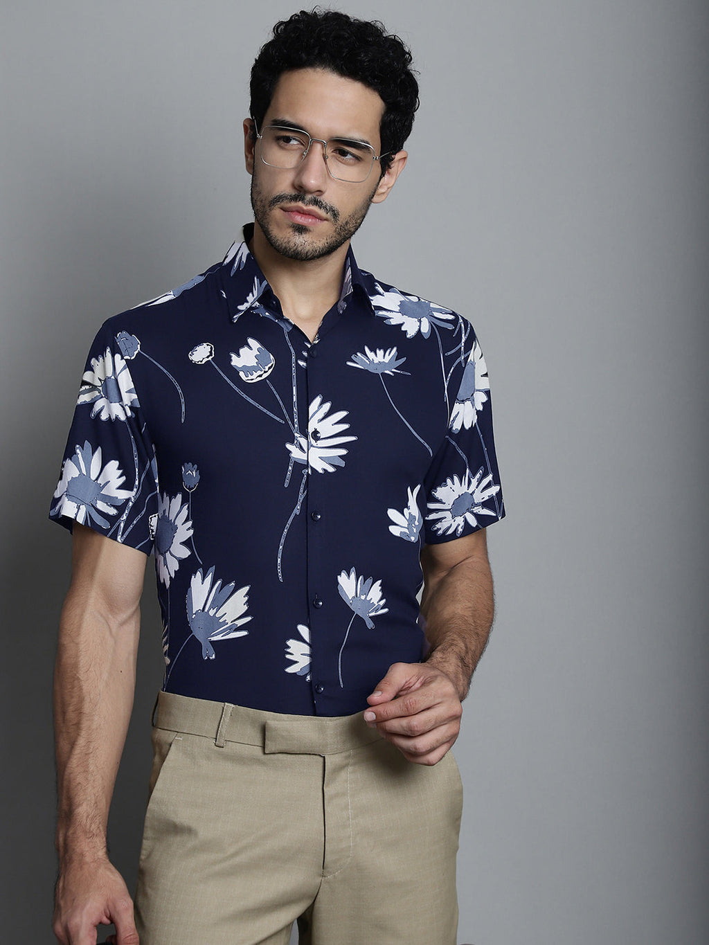 Jainish Men's Floral Printed Formal Shirts - Navy Blue | Grocsy