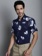 Jainish Men's Floral Printed Formal Shirts - Navy Blue | Grocsy