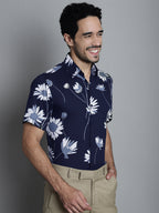 Jainish Men's Floral Printed Formal Shirts - Navy Blue | Grocsy
