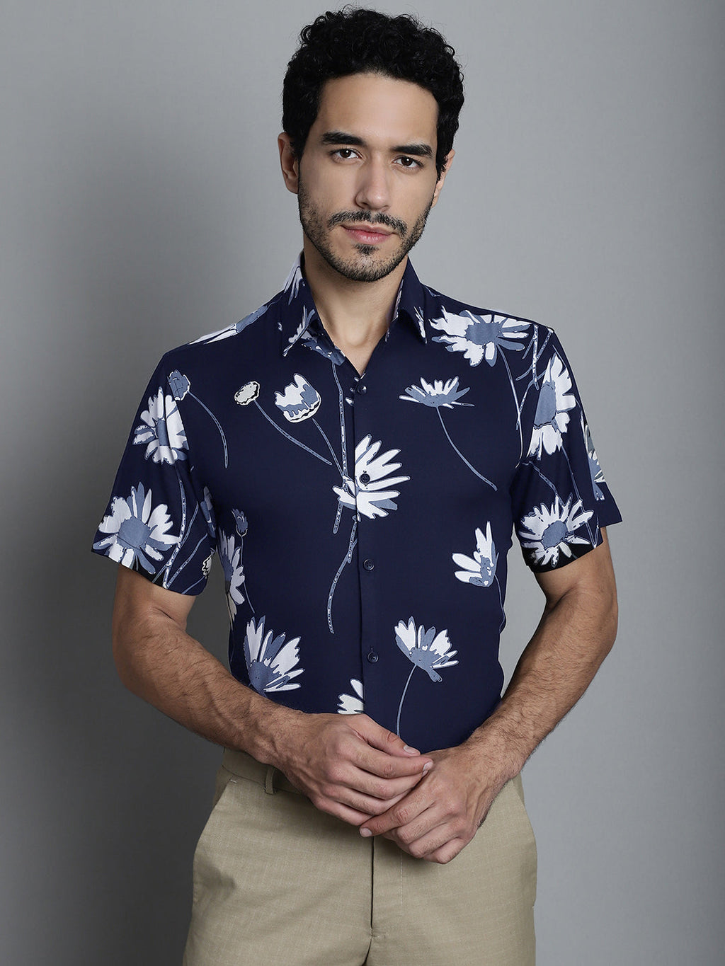 Jainish Men's Floral Printed Formal Shirts - Navy Blue | Grocsy