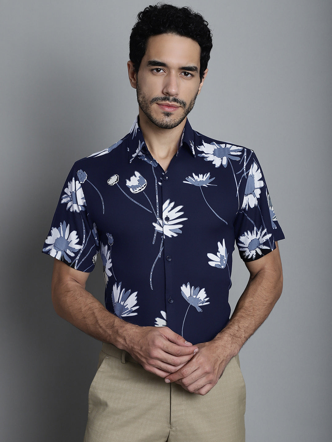 Jainish Men's Floral Printed Formal Shirts - Navy Blue | Grocsy