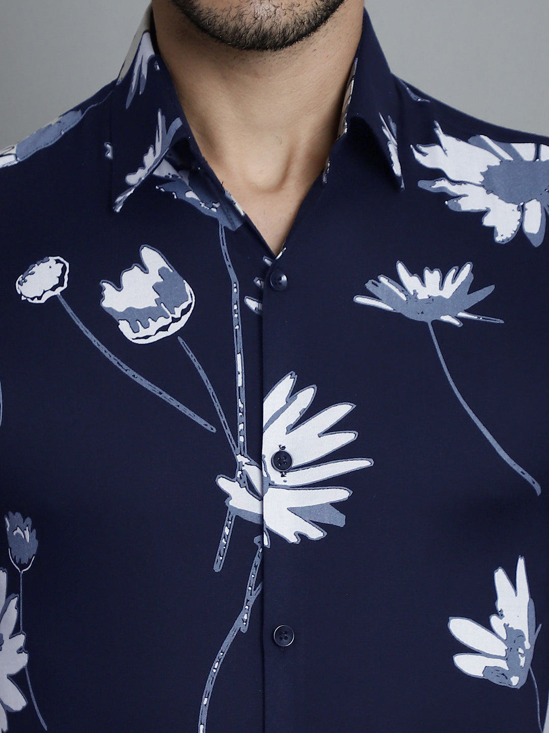 Jainish Men's Floral Printed Formal Shirts - Navy Blue | Grocsy