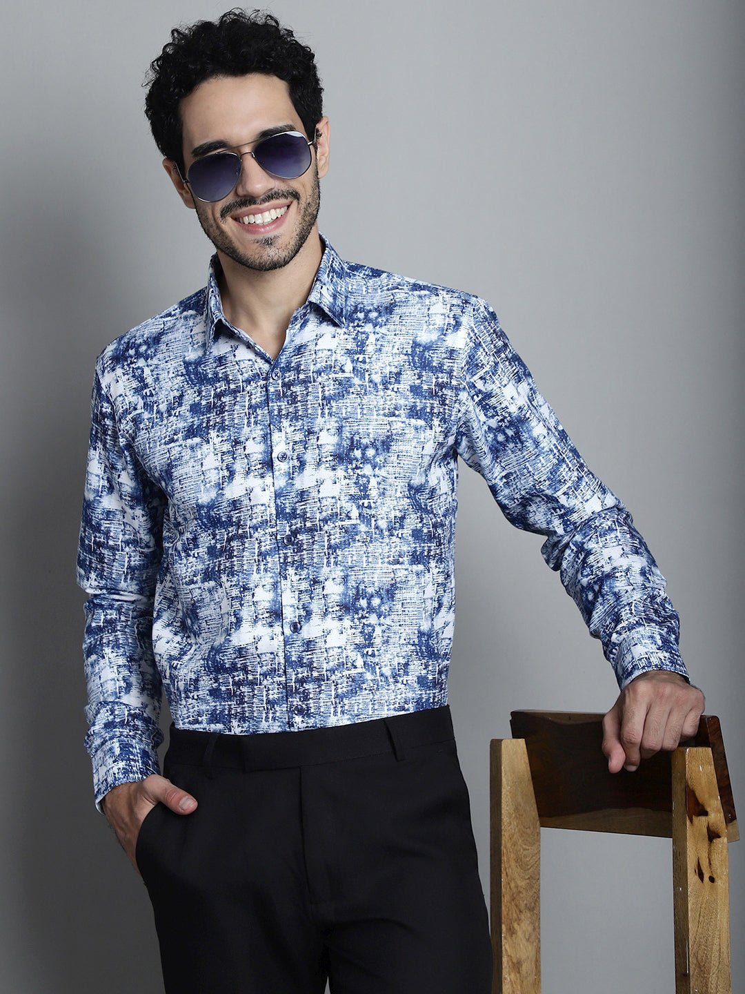 Jainish Men's Geomatric Printed Formal Shirts - Blue | Grocsy