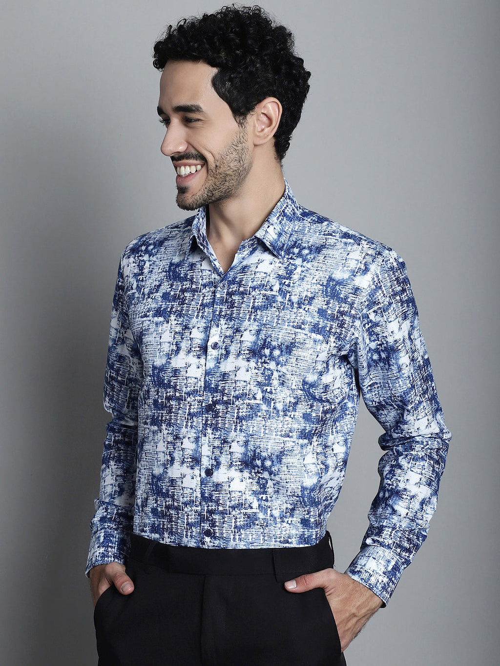 Jainish Men's Geomatric Printed Formal Shirts - Blue | Grocsy