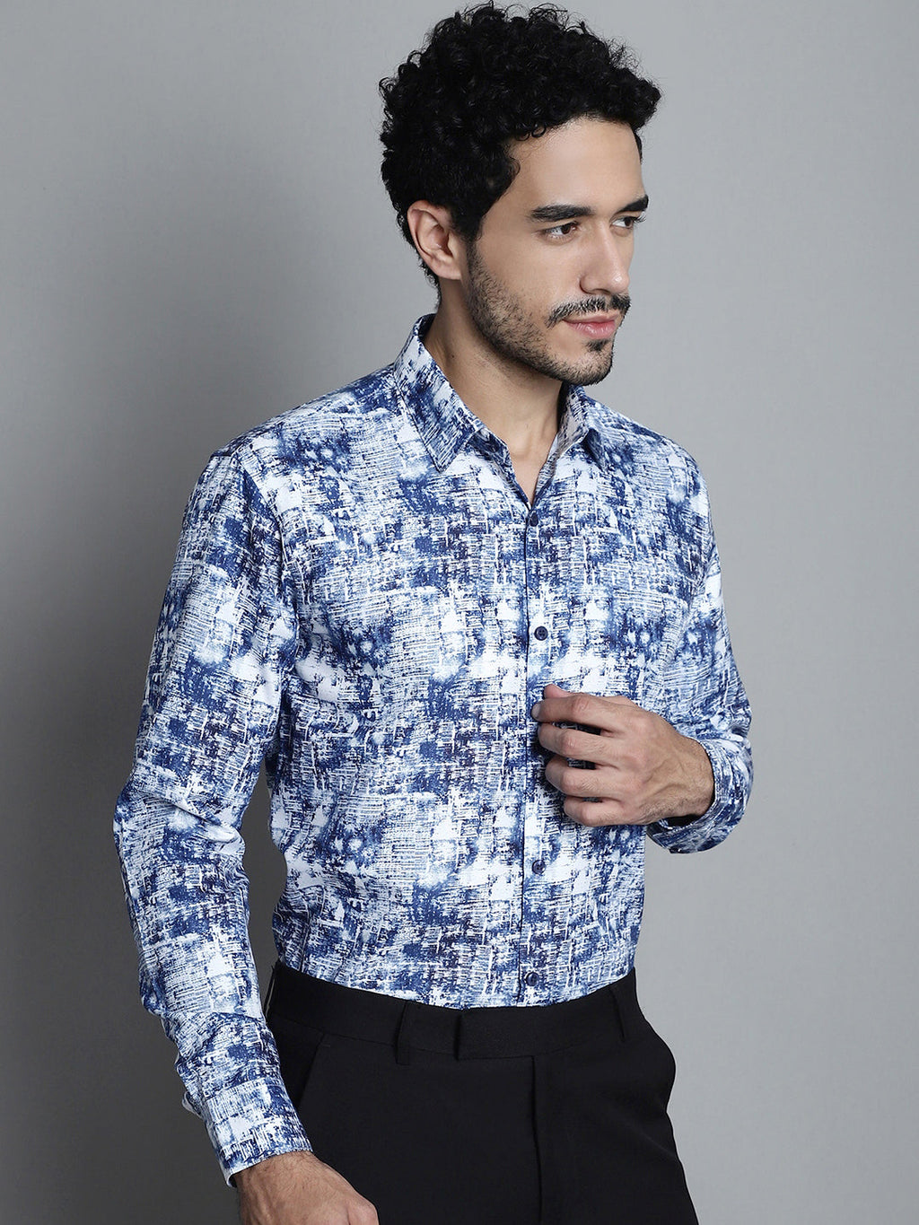 Jainish Men's Geomatric Printed Formal Shirts - Blue | Grocsy
