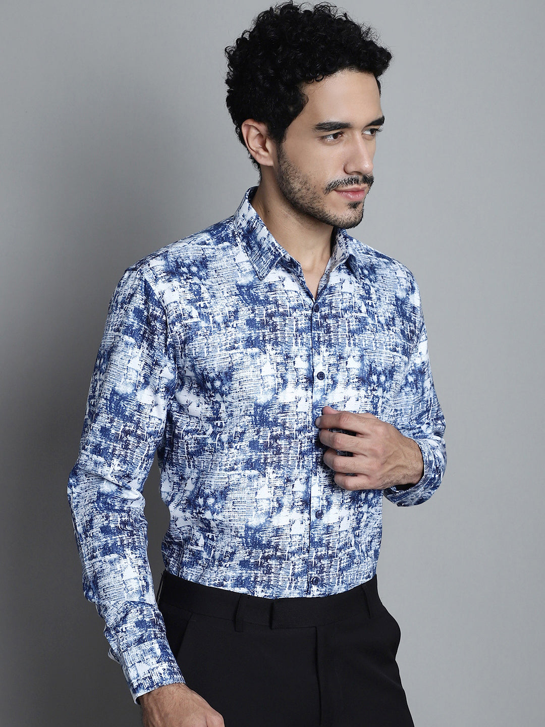 Jainish Men's Geomatric Printed Formal Shirts - Blue | Grocsy