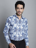 Jainish Men's Geomatric Printed Formal Shirts - Blue | Grocsy