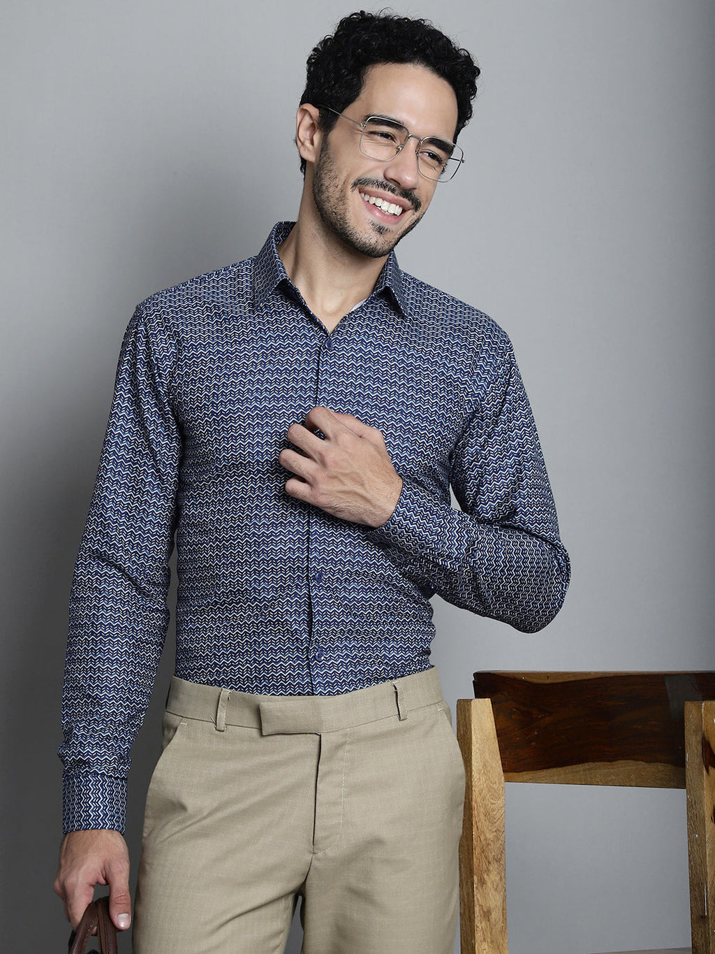 Jainish Men's Geomatric Printed Formal Shirts - Navy Blue | Grocsy
