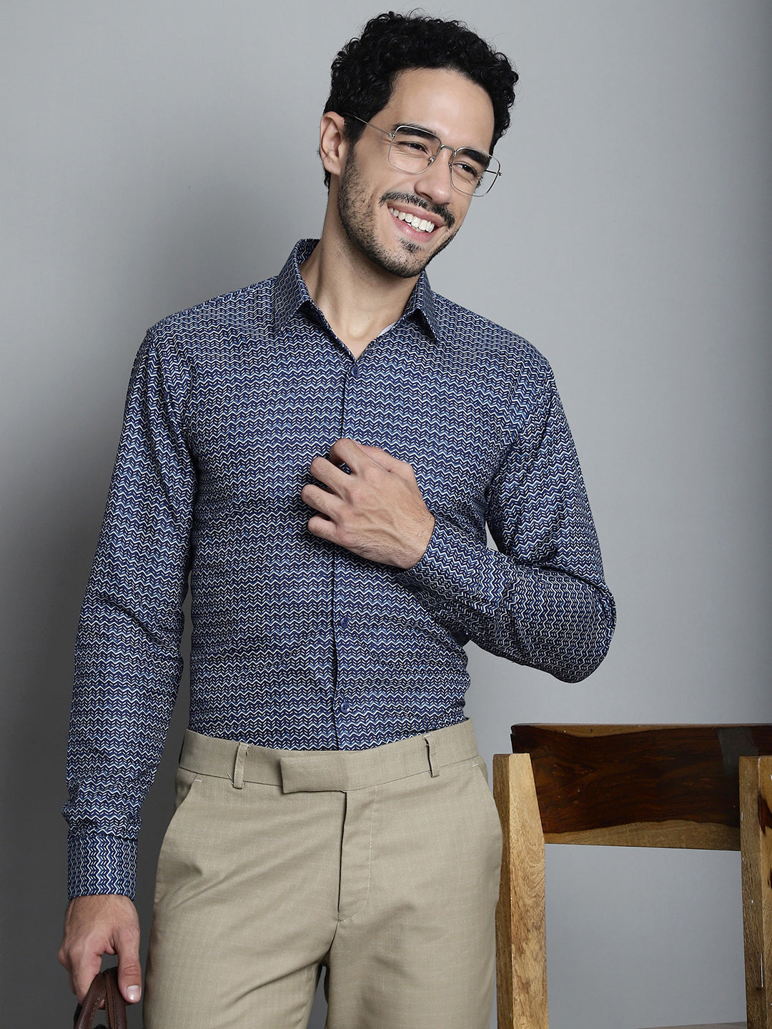 Jainish Men's Geomatric Printed Formal Shirts - Navy Blue | Grocsy
