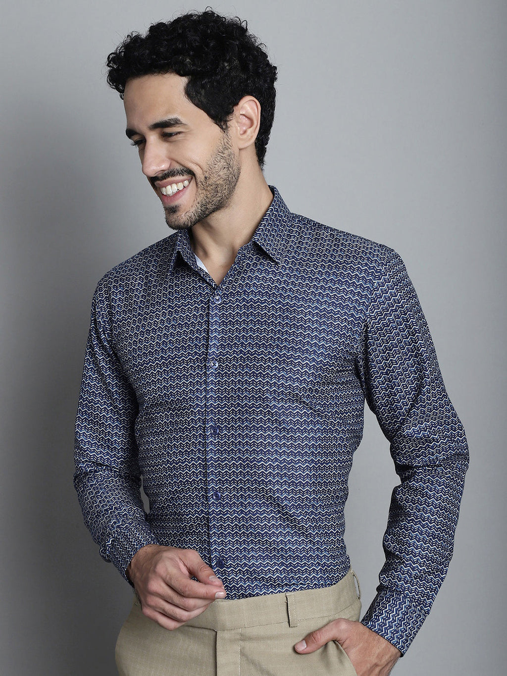 Jainish Men's Geomatric Printed Formal Shirts - Navy Blue | Grocsy