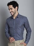Jainish Men's Geomatric Printed Formal Shirts - Navy Blue | Grocsy