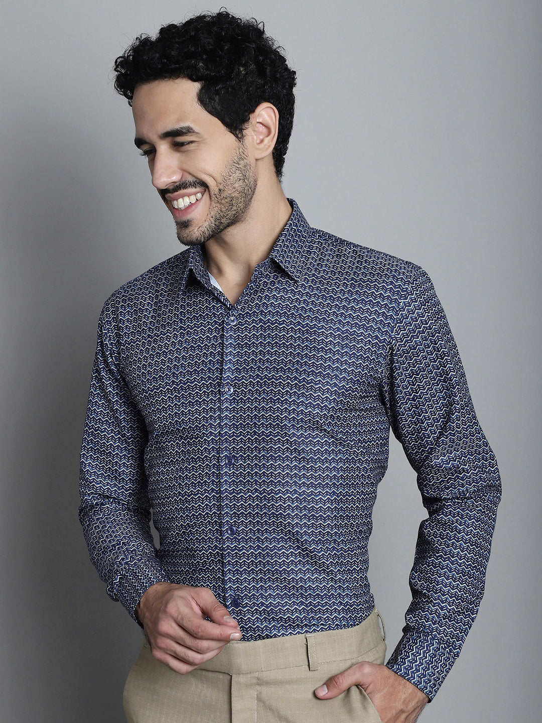 Jainish Men's Geomatric Printed Formal Shirts - Navy Blue | Grocsy