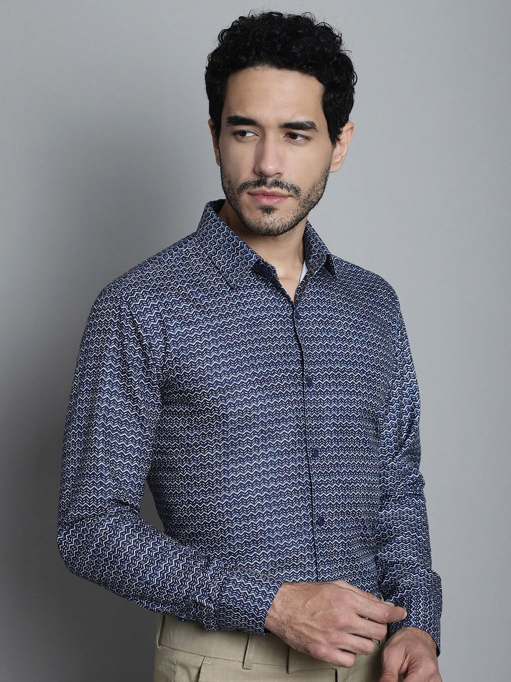 Jainish Men's Geomatric Printed Formal Shirts - Navy Blue | Grocsy