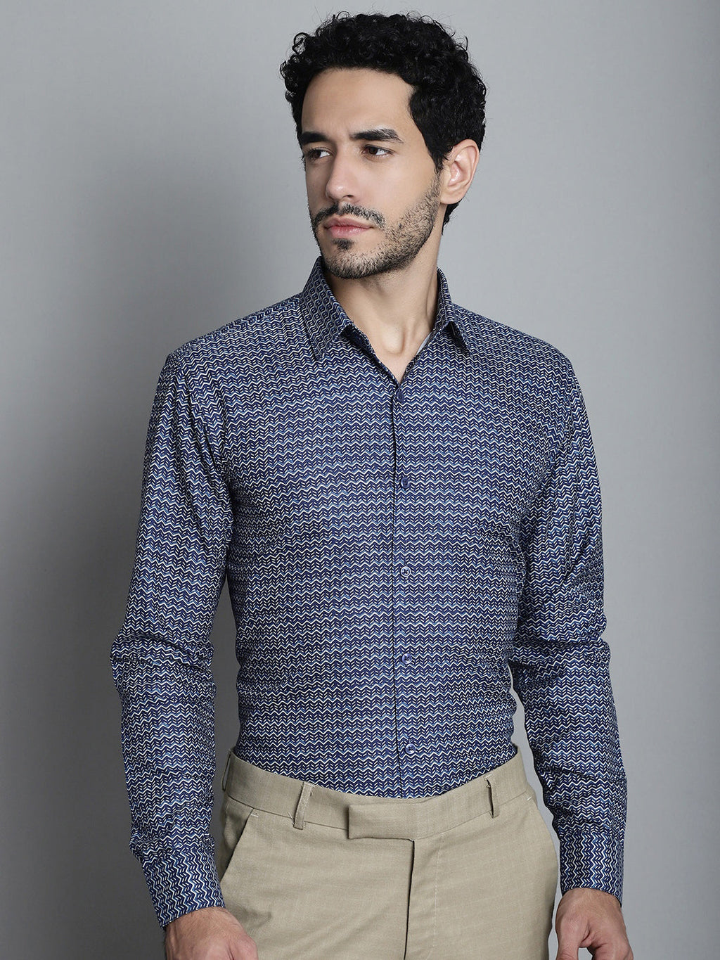 Jainish Men's Geomatric Printed Formal Shirts - Navy Blue | Grocsy