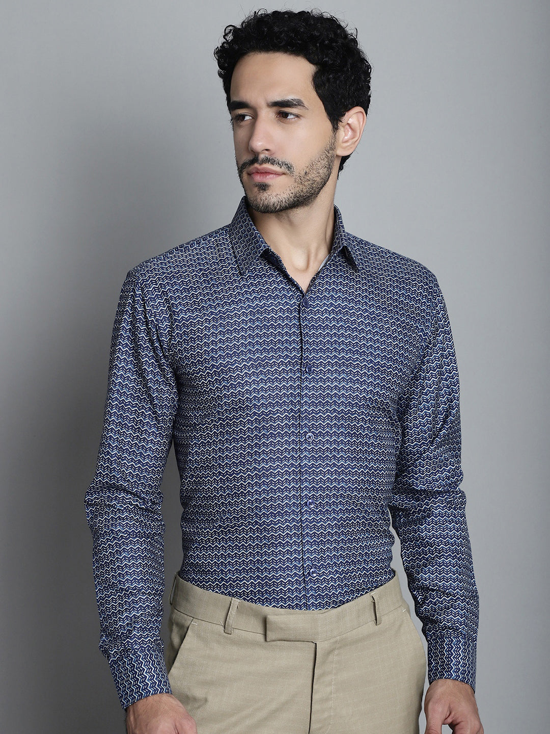 Jainish Men's Geomatric Printed Formal Shirts - Navy Blue | Grocsy