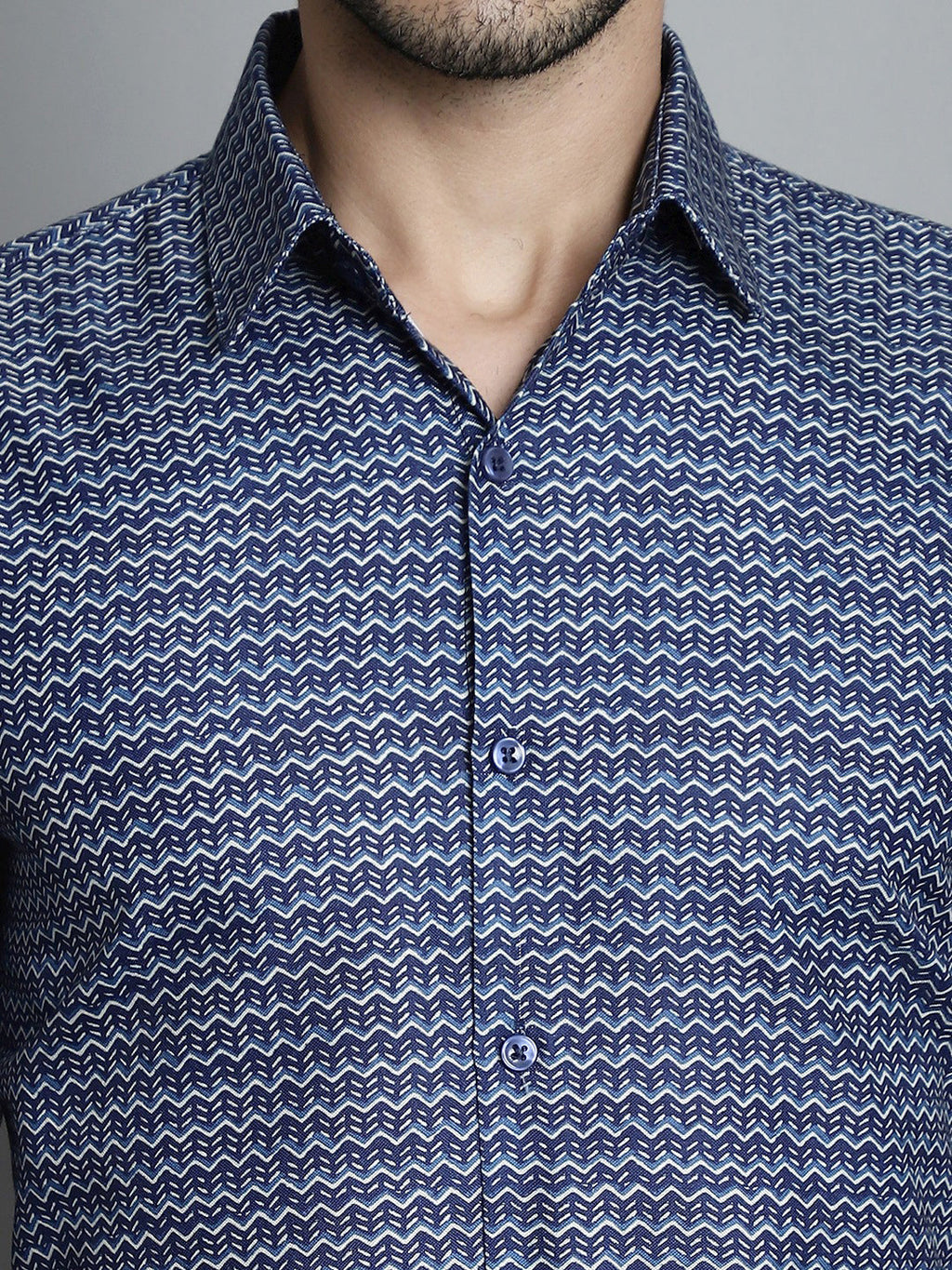 Jainish Men's Geomatric Printed Formal Shirts - Navy Blue | Grocsy