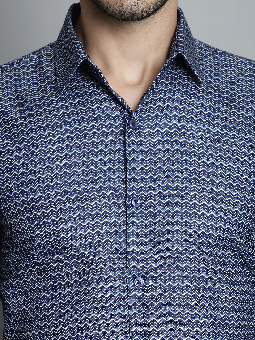 Jainish Men's Geomatric Printed Formal Shirts - Navy Blue | Grocsy