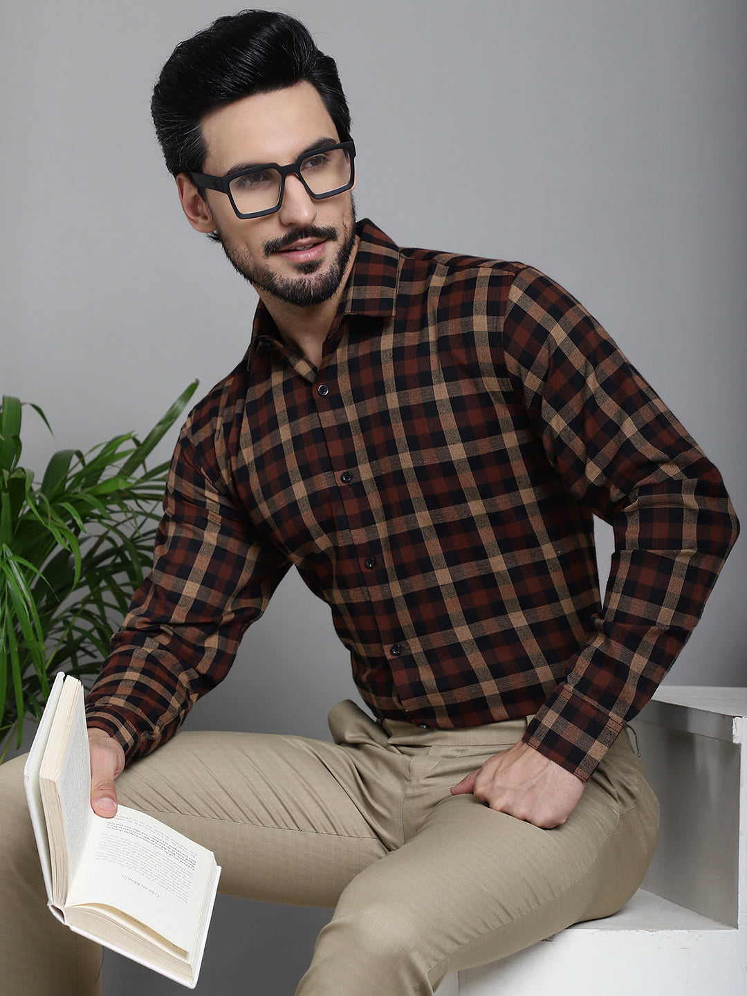 Indian Needle Men's Checked Formal Shirt - Brown | Grocsy
