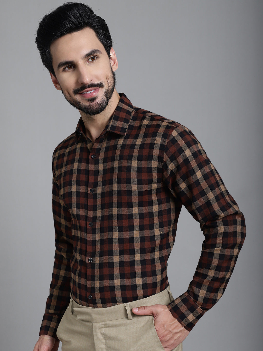 Indian Needle Men's Checked Formal Shirt - Brown | Grocsy