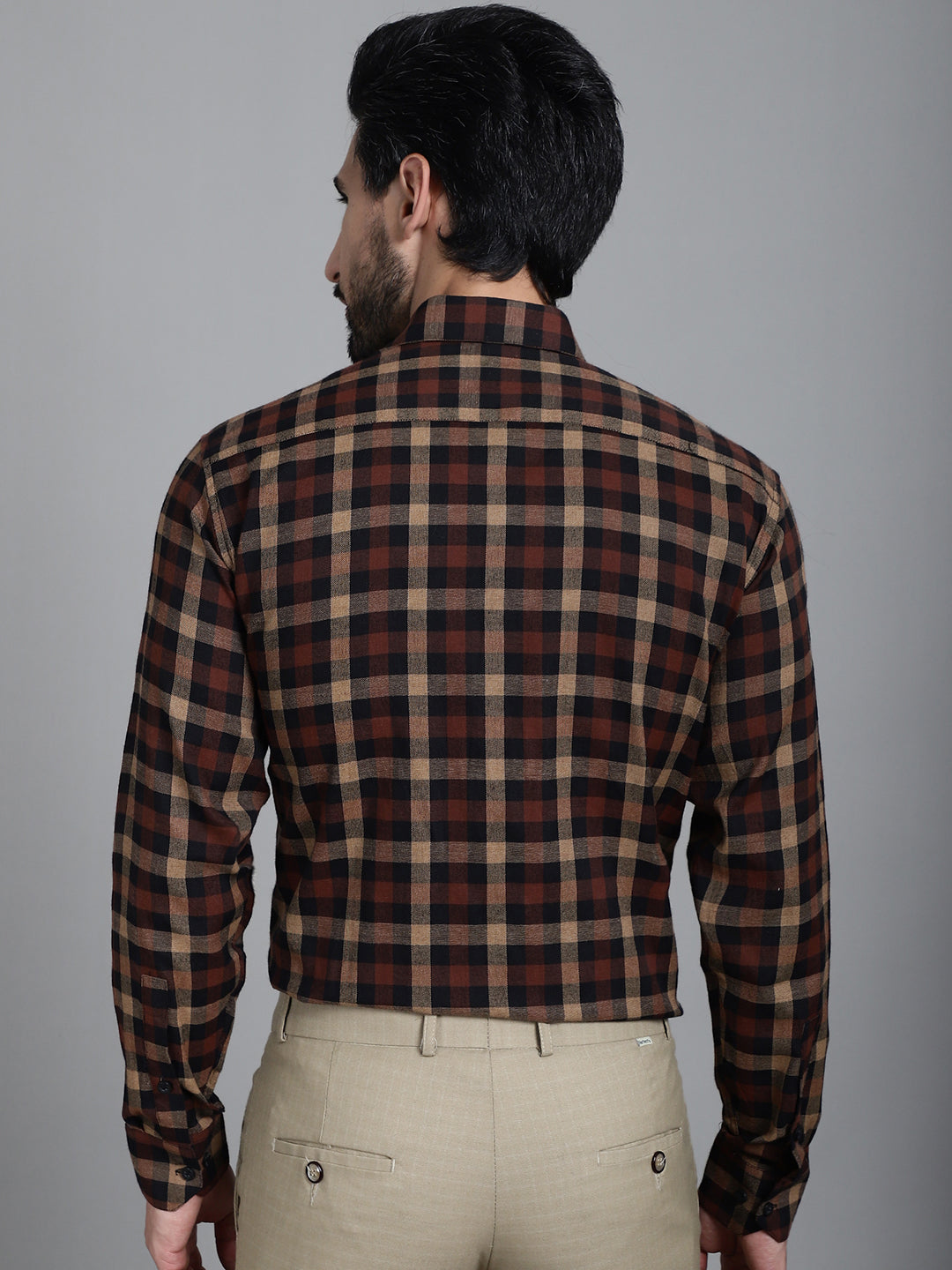 Indian Needle Men's Checked Formal Shirt - Brown | Grocsy