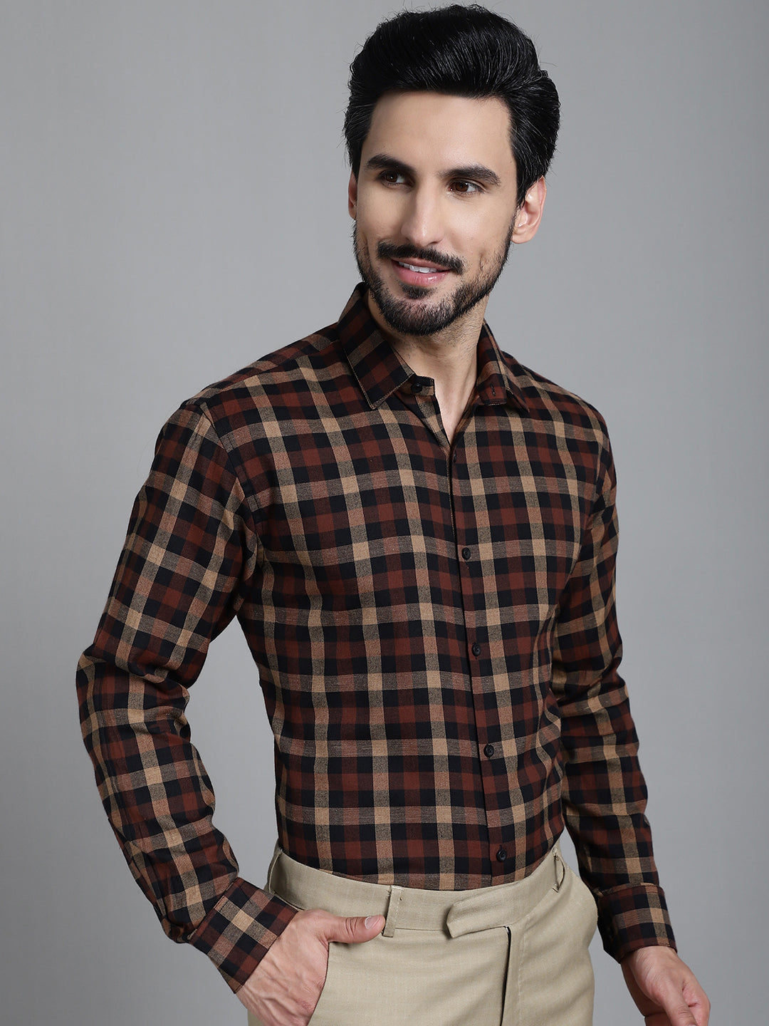 Indian Needle Men's Checked Formal Shirt - Brown | Grocsy