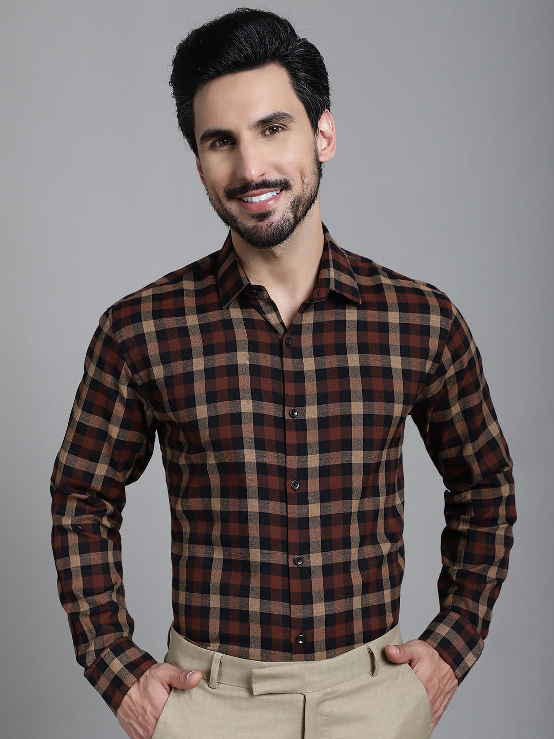 Indian Needle Men's Checked Formal Shirt - Brown | Grocsy