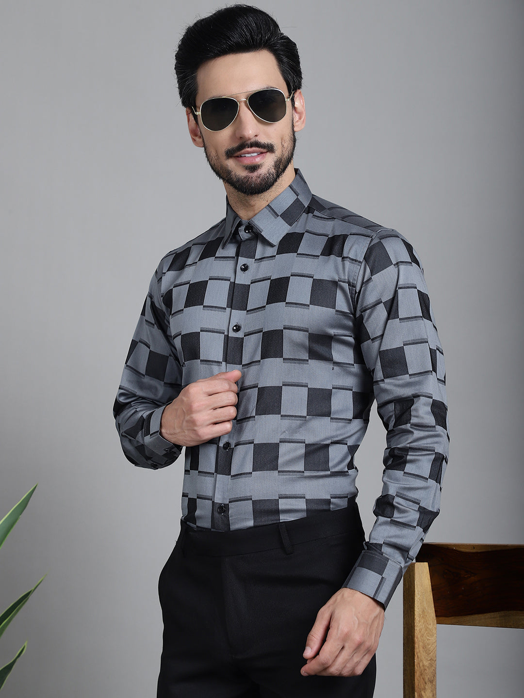 Indian Needle Men's Printed Formal Shirt - Grey | Grocsy