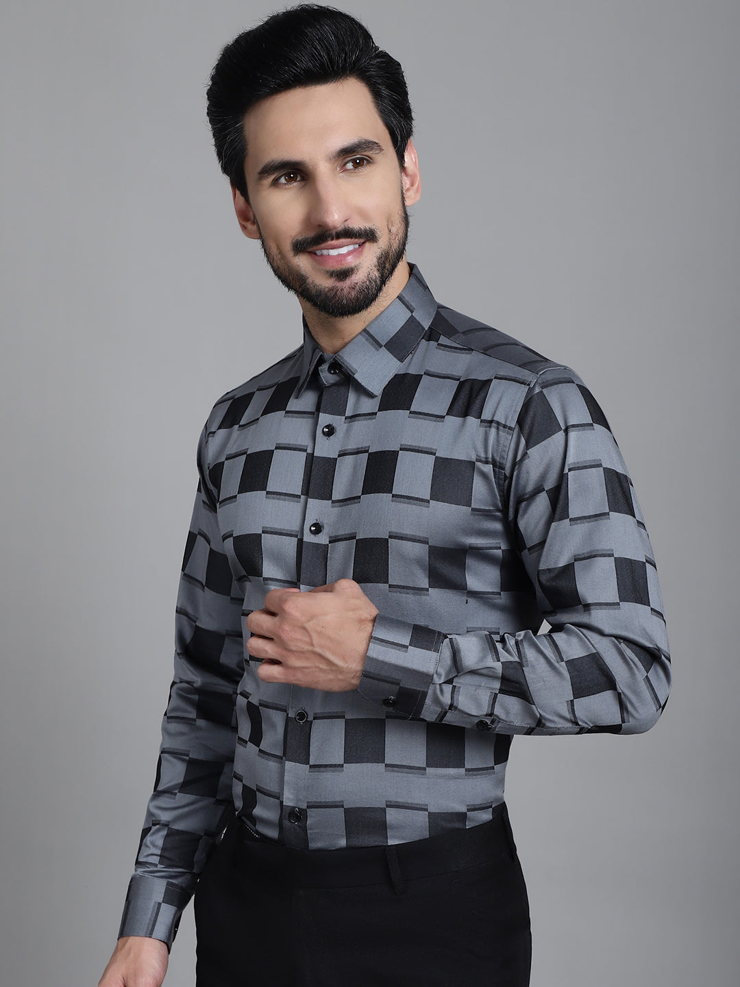 Indian Needle Men's Printed Formal Shirt - Grey | Grocsy