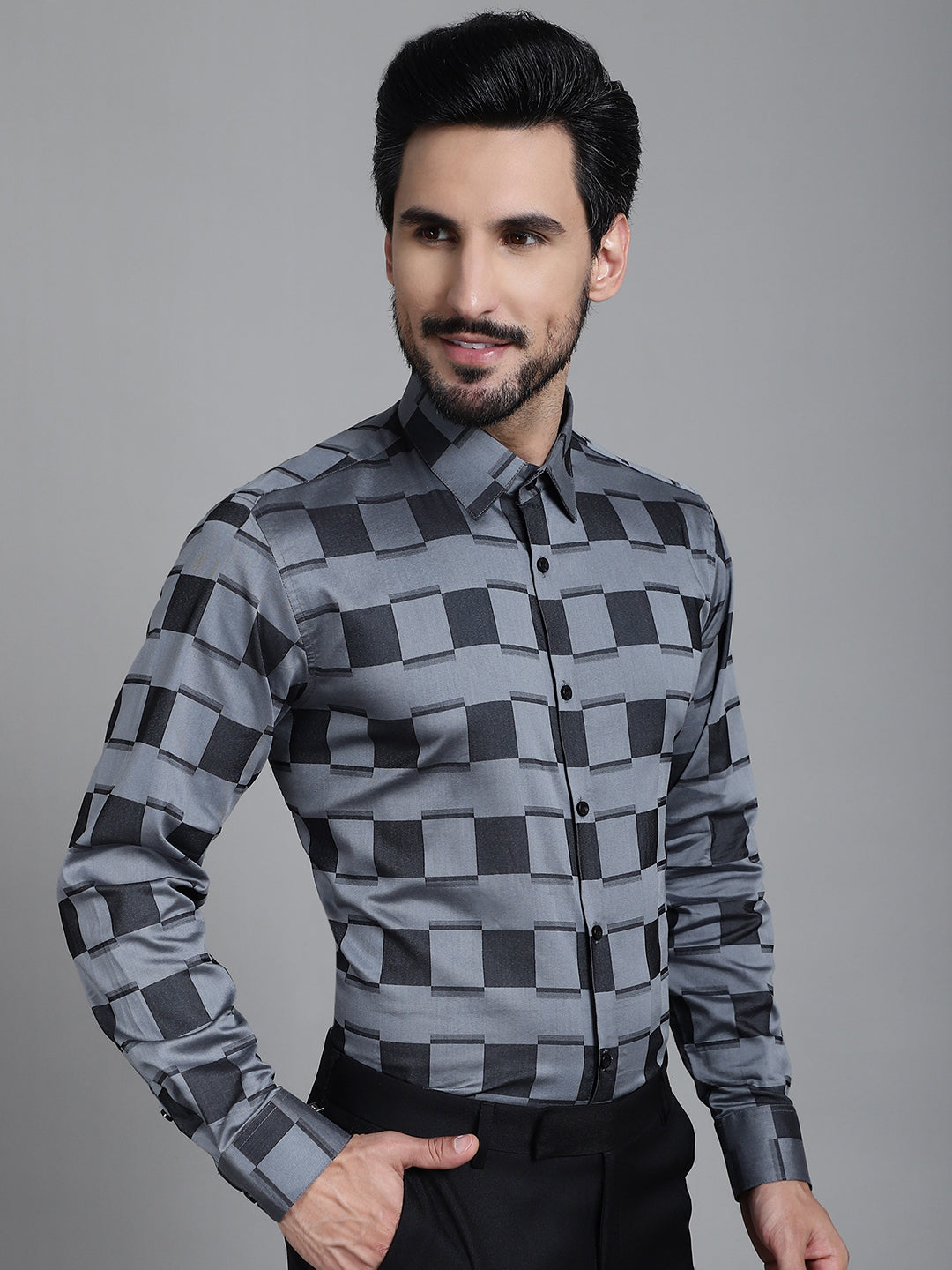 Indian Needle Men's Printed Formal Shirt - Grey | Grocsy