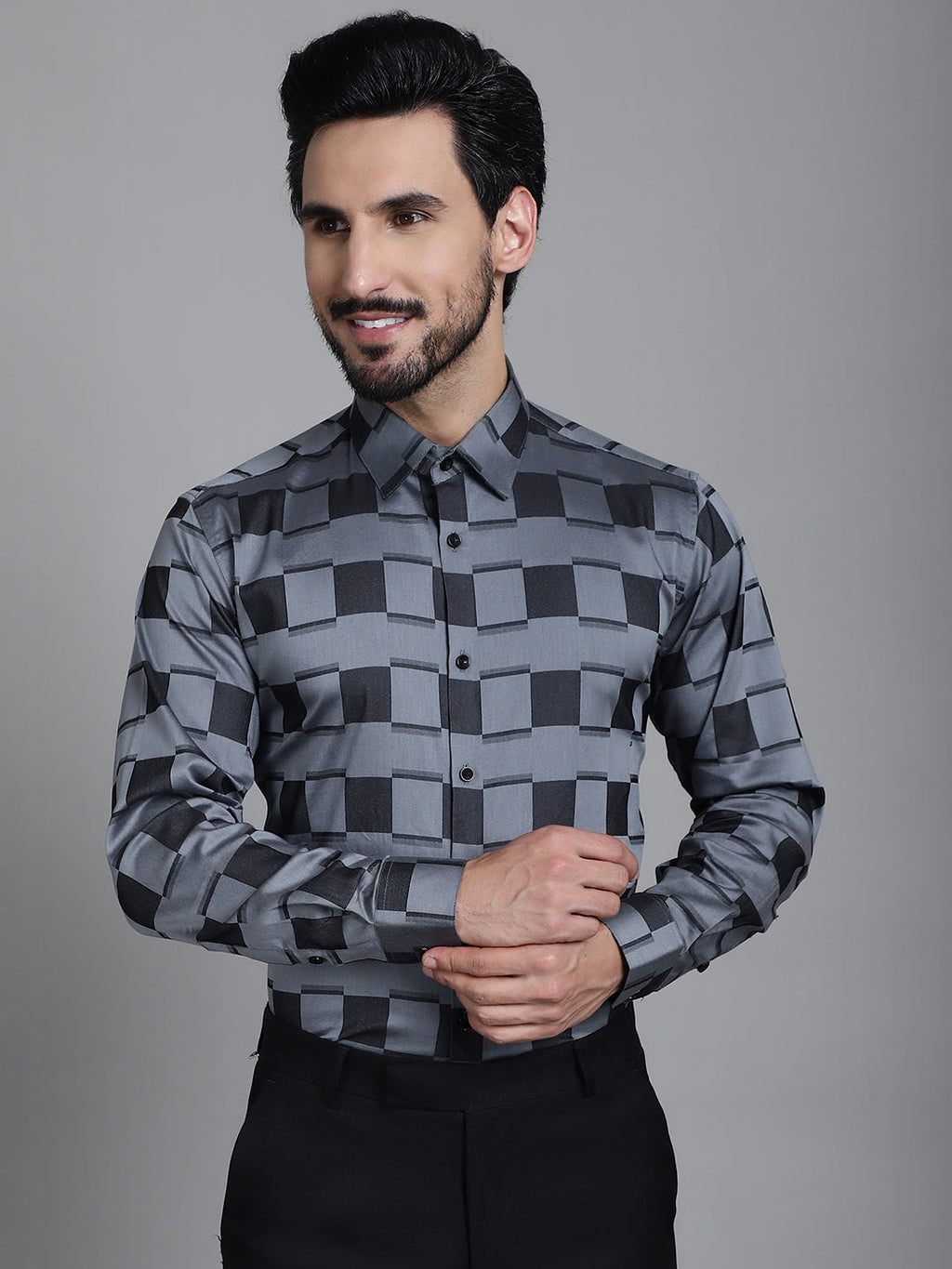 Indian Needle Men's Printed Formal Shirt - Grey | Grocsy