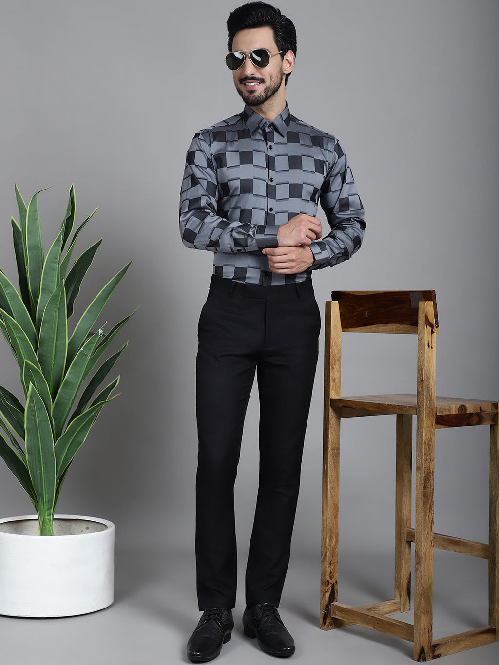Indian Needle Men's Printed Formal Shirt - Grey | Grocsy